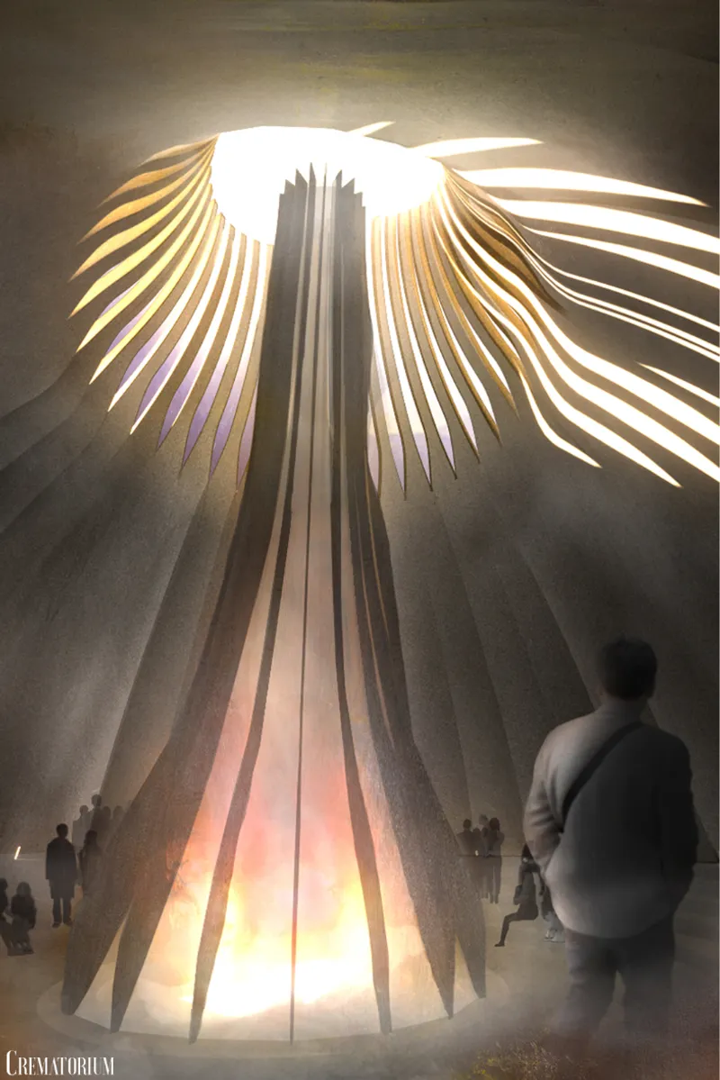 Interior view of the tower base with radiating illuminated fins and visitors below