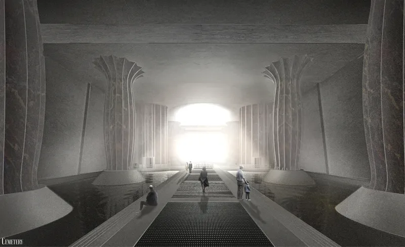 Underground hall with flaring columns and visitors crossing a grated walkway toward bright daylight