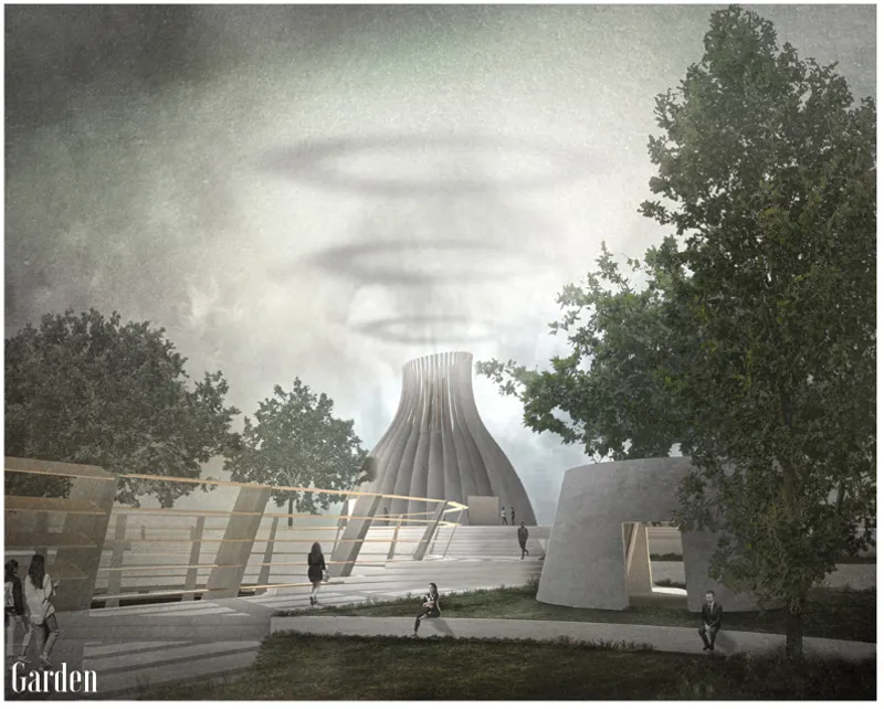 Exterior view of the ribbed tower volume framed by trees with visitors on stepped terraces