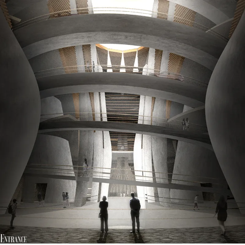 Interior atrium with stacked circular floor plates and visitors silhouetted against bright incoming light