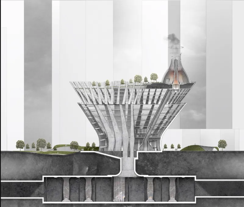 Section drawing showing a fan-shaped tower with planted terraces above below-grade spaces and a central chimney