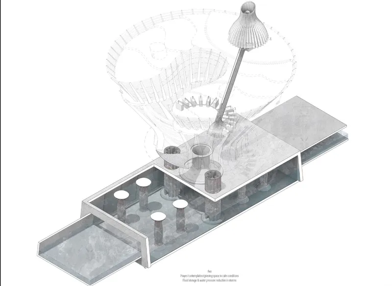 Axonometric drawing depicting the underground system with circular ducts rising to fan-shaped structures above