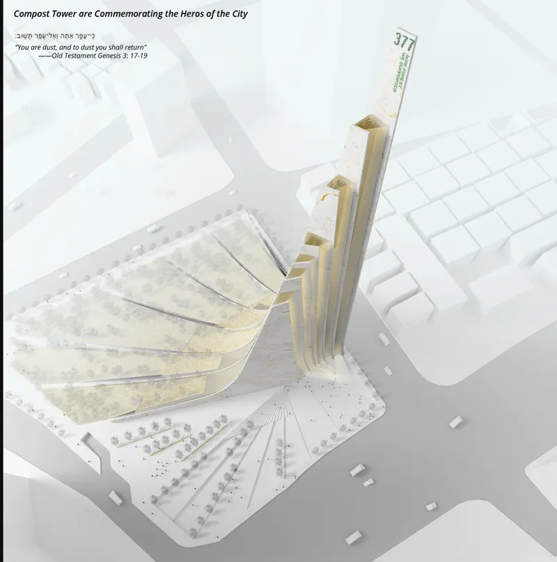 Aerial axonometric rendering of a tower with radiating fin-like walls and a planted memorial plaza below