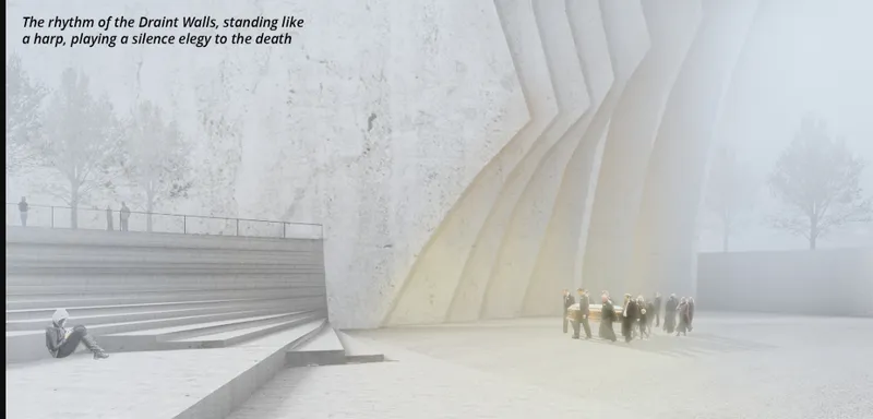 Ground-level view of layered vertical fins meeting a stepped plaza with visitors in winter fog