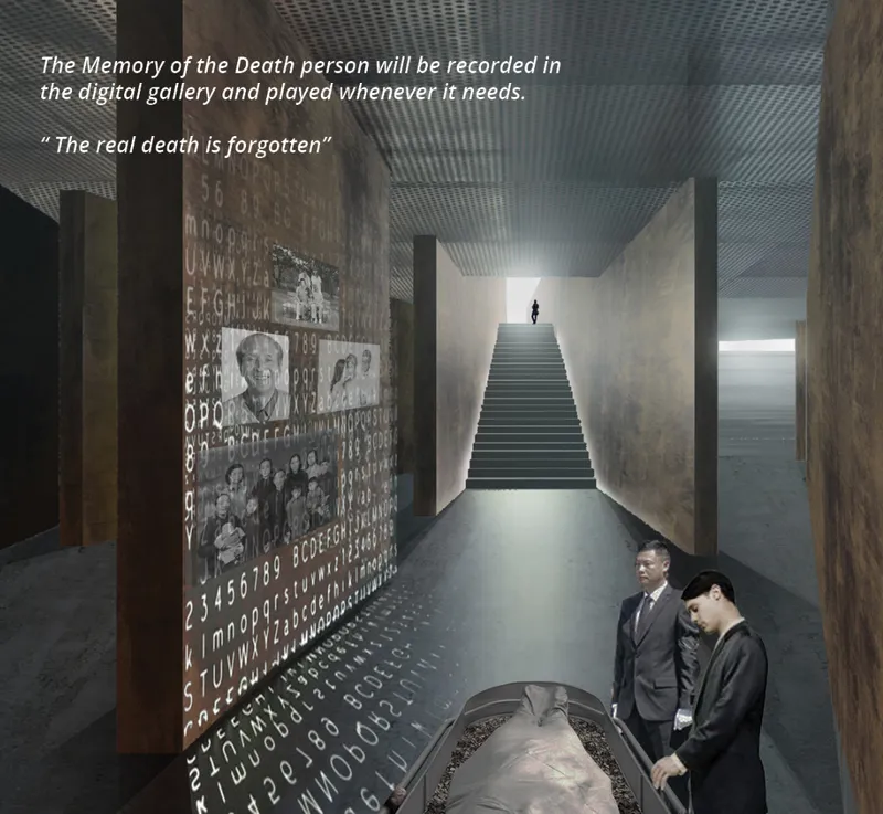 Interior corridor with projected memorial images on the wall and two visitors beside an illuminated staircase