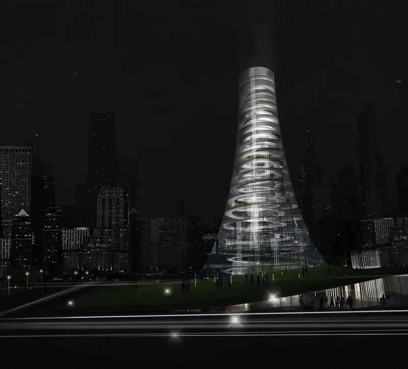 Illuminated spiraling tower with stacked circular floors rising above a parkland at night