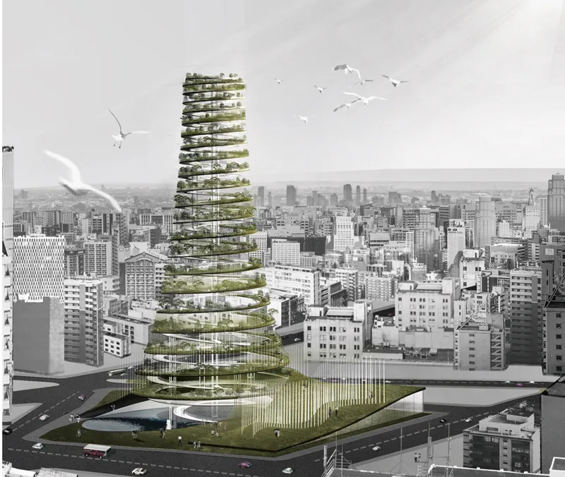 Aerial rendering of a tapering tower with planted terraces amid seagulls and surrounding cityscape