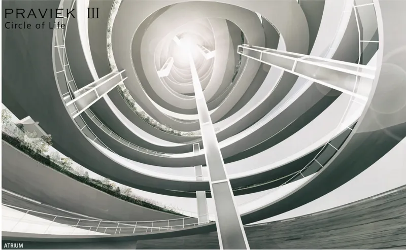 Interior atrium view showing concentric circular balconies spiraling upward beneath white structural beams