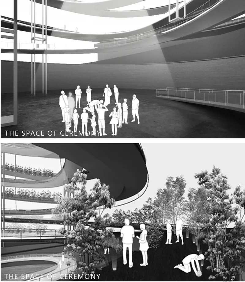 Two interior renderings showing ceremonial spaces with curved ramps, silhouetted figures, and planted terraces