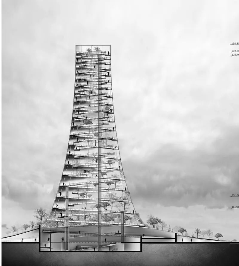 Section drawing of a tapered tower revealing stacked planted terraces and a central circulation core