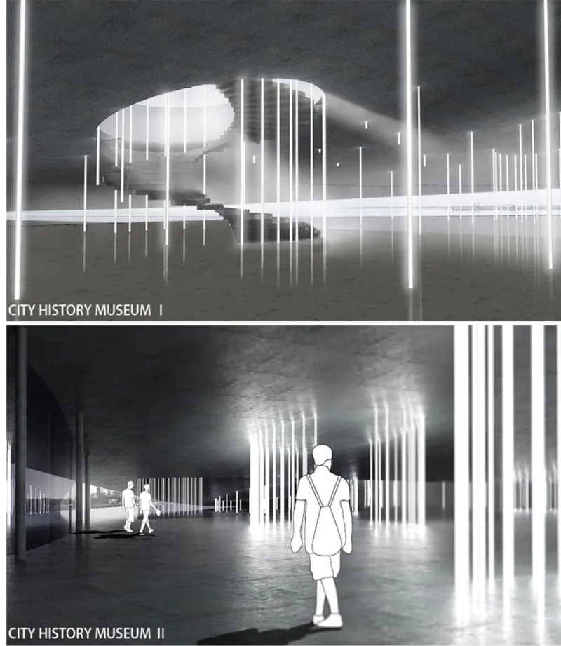 Two interior renderings of museum spaces with vertical light tubes and figures walking through galleries