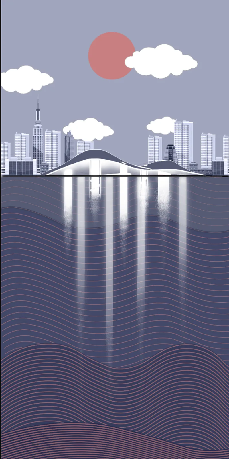 Illustration of an arched bridge over stylized water reflecting the city skyline at sunset