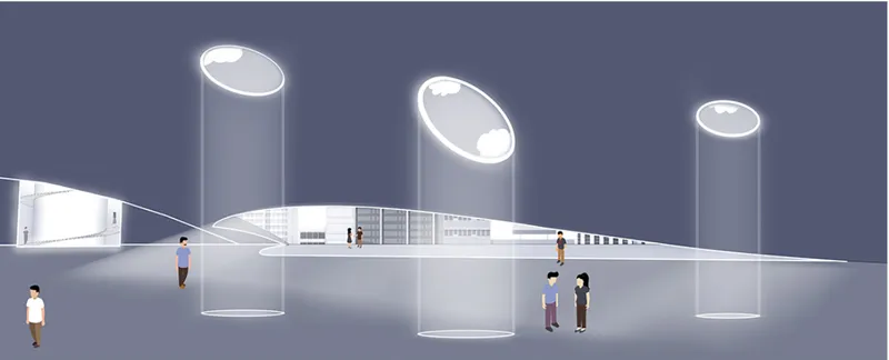 Interior section showing three cylindrical skylights above white gallery platforms with visitors walking through