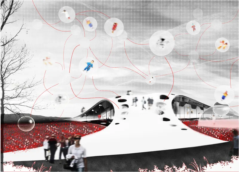 Rendering showing a curving white pathway with visitors between red planted beds and low pavilions
