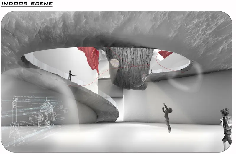 Interior rendering of a spiral ramp winding around a central suspended element with textured ceiling above