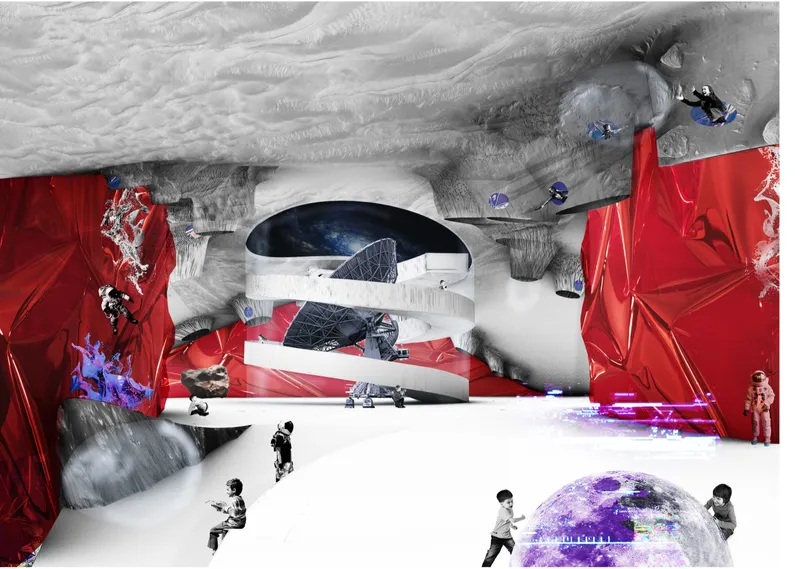 Rendering of a cavernous interior with curved white surfaces, red fabric panels, and children playing below