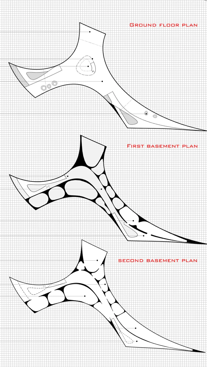 Floor plans showing three levels of a three-lobed form with ground floor and two basement configurations