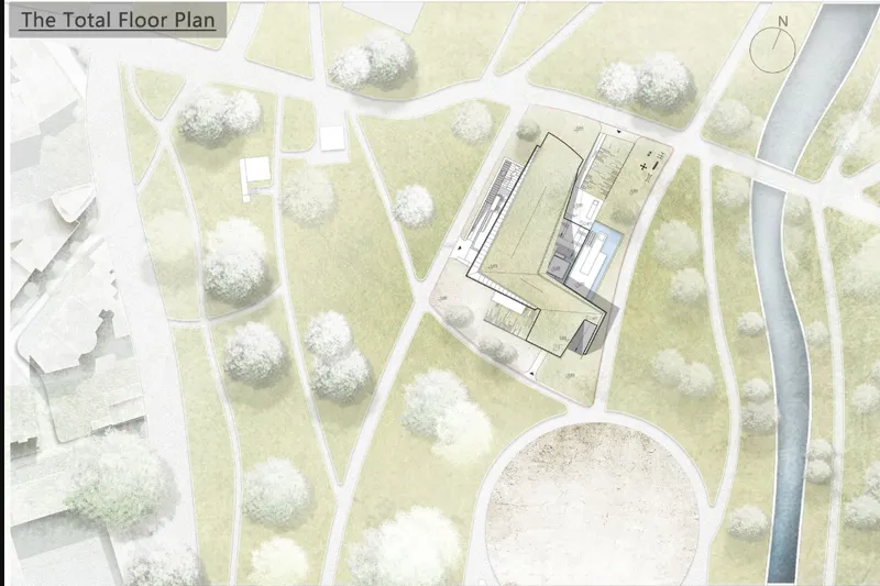 Axonometric site plan drawing showing a rectangular building nestled among pathways and trees in a park setting