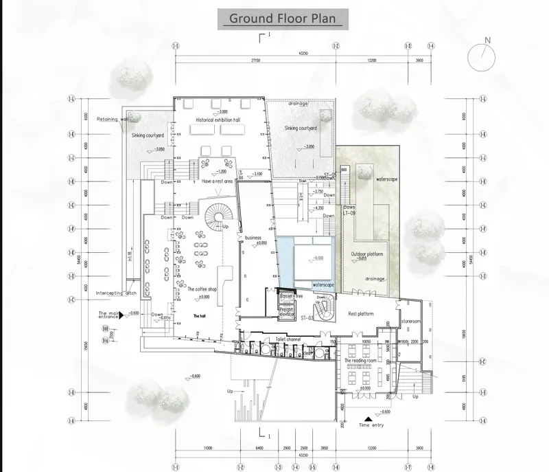 Ground floor plan drawing detailing interior spaces including courtyards, staircases, and a pool with surrounding trees