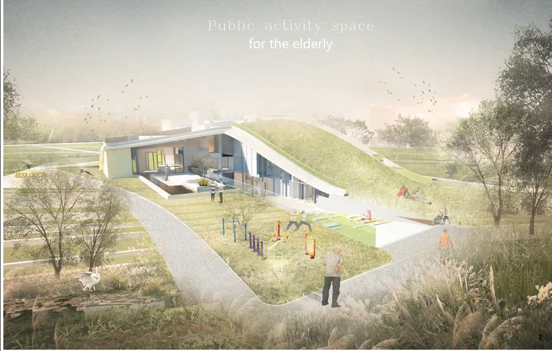 Aerial rendering of grass-covered sloping roof integrated into landscaped park with playground equipment and elderly visitors