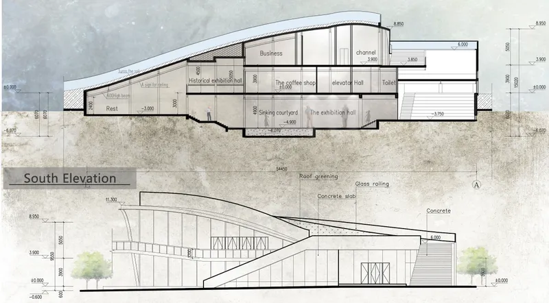 Section elevation drawing showing interior spaces beneath a curved green roof rising above ground level
