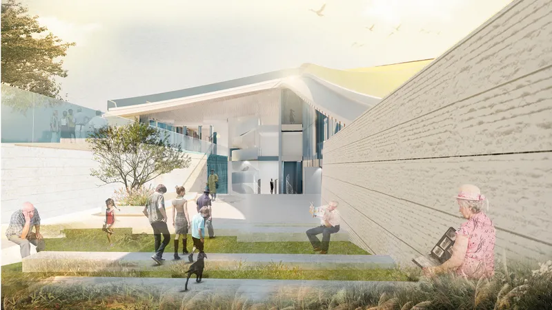 Courtyard view of glazed facade with sloping white roof and elderly residents on pathways between planted beds