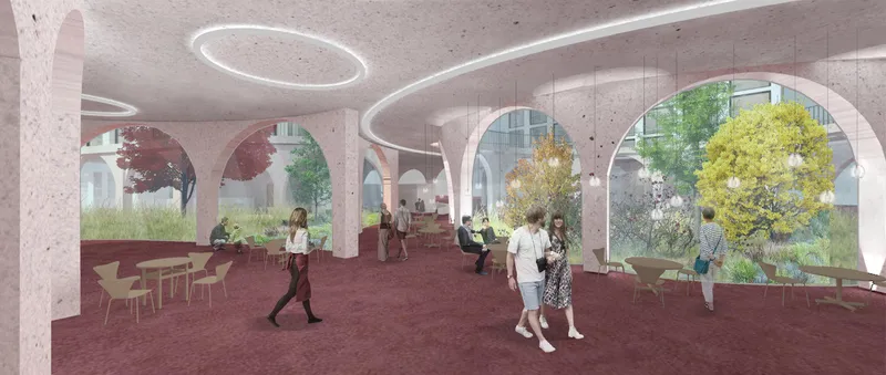 Interior rendering of a space with arched openings, circular ceiling lights, and people among planted courtyards