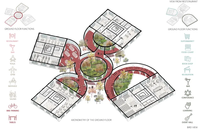 Axonometric drawing of the ground floor showing lobed volumes with planted courtyards and surrounding rectangular wings