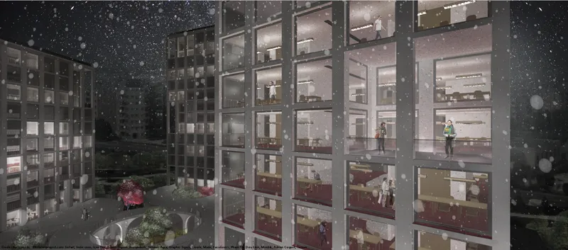 Courtyard rendering at night with exposed residential units and falling snow