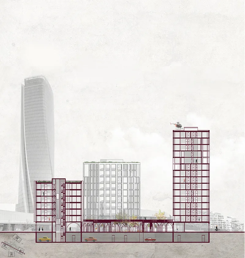 Section drawing showing multiple towers with exposed frames, arched base, and underground parking