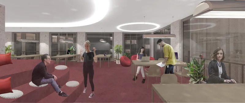 Interior rendering of a shared workspace with circular ceiling lights, plants, and people at tables