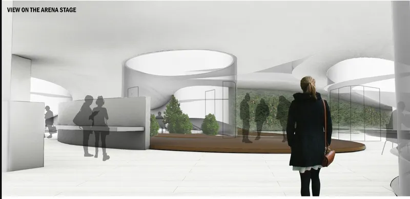Interior rendering of the arena stage foyer with undulating white ceiling and visitors among planted areas