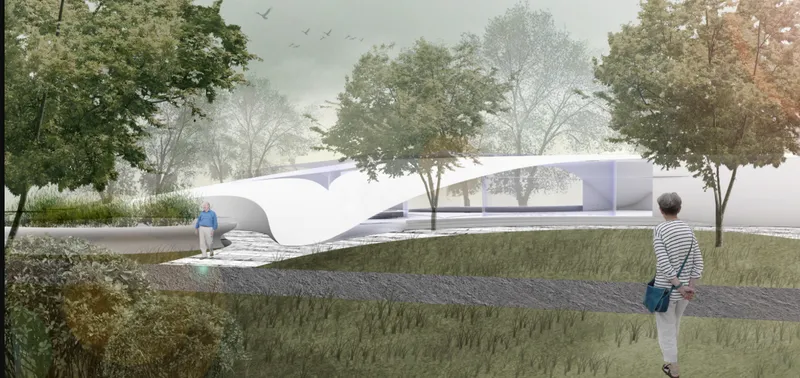 Exterior rendering showing the low curving white canopy structure in a landscaped park with mature trees