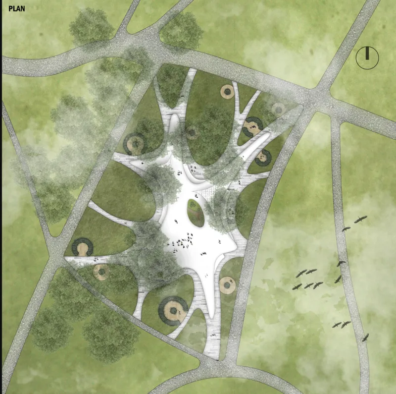 Site plan drawing showing petal-shaped volumes radiating from a central plaza surrounded by pathways and greenspace