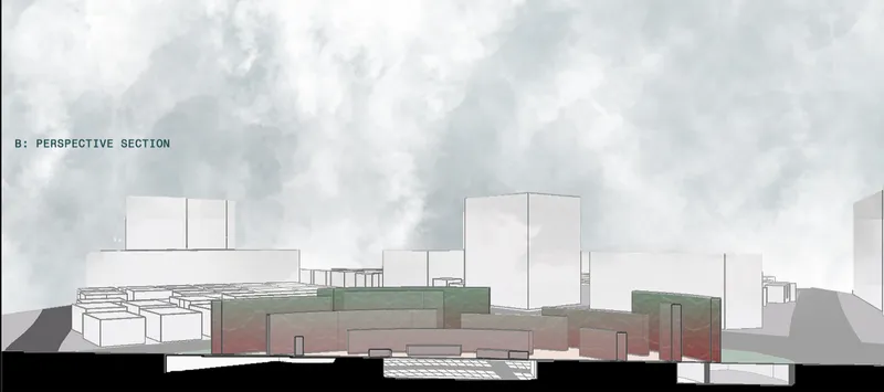 Perspective section drawing depicting stepped volumes in green and pink tones set against adjacent towers