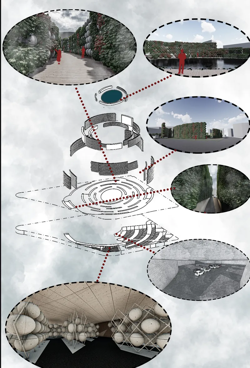 Exploded axonometric diagram linking plan levels to rendered vignettes of green-walled pathways and subterranean chambers