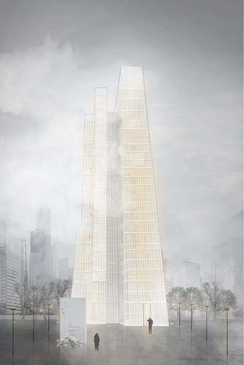 Two slender tapering glass towers rising through fog with bare trees at street level