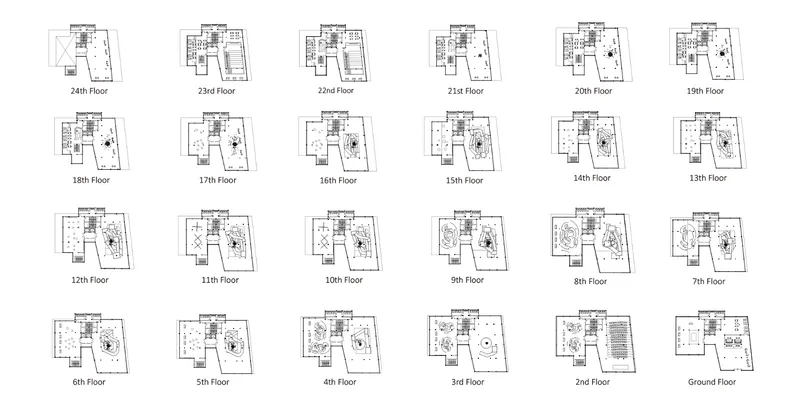 Floor plan drawing set showing twenty-four levels from ground to twenty-fourth floor