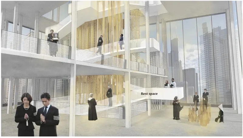 Rendering of a double-height interior atrium with vertical timber screens and figures on multiple levels
