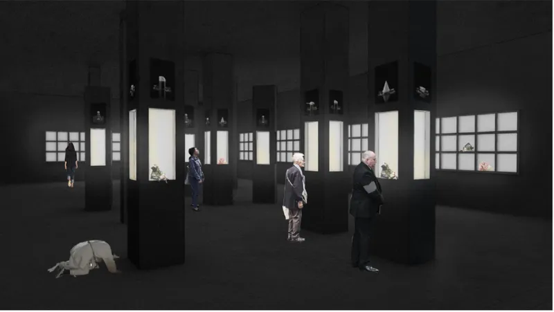 Interior rendering showing visitors among black vertical partitions with illuminated gridded openings