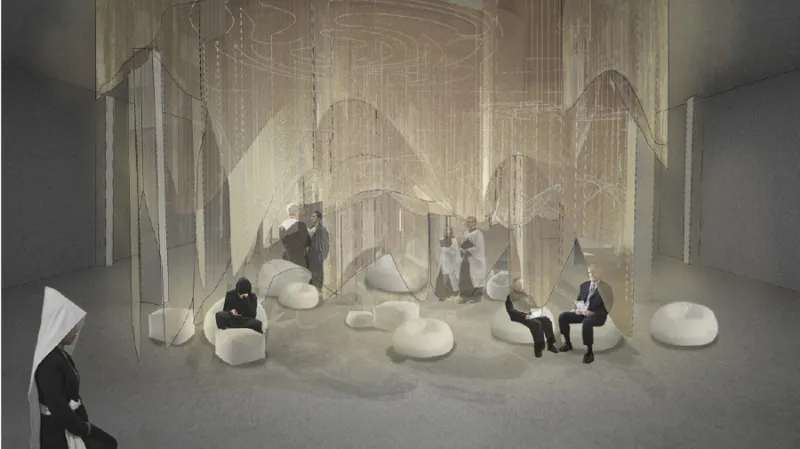 Rendering of a lounge space with suspended translucent curtains and white seating under diffused light