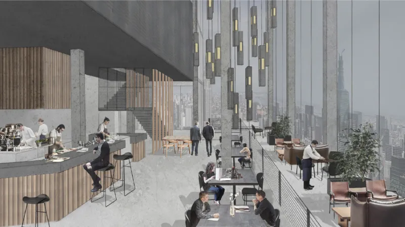 Interior rendering of a high-rise communal workspace with vertical timber cladding and panoramic city views