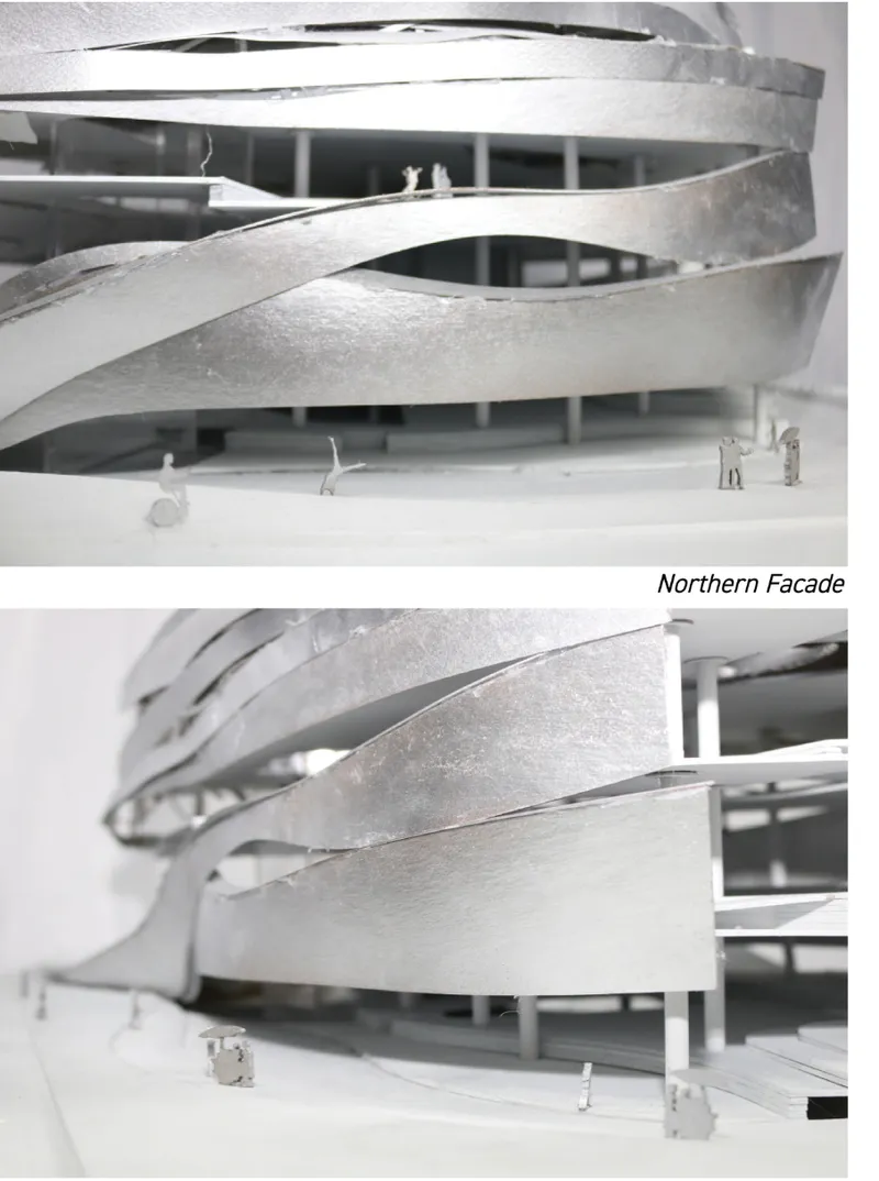 Physical model views of the ribboned facade with scale figures populating the ground plane