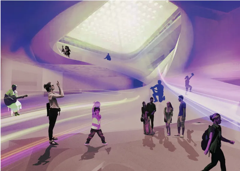 Interior rendering of the vaulted atrium space bathed in purple light with visitors below