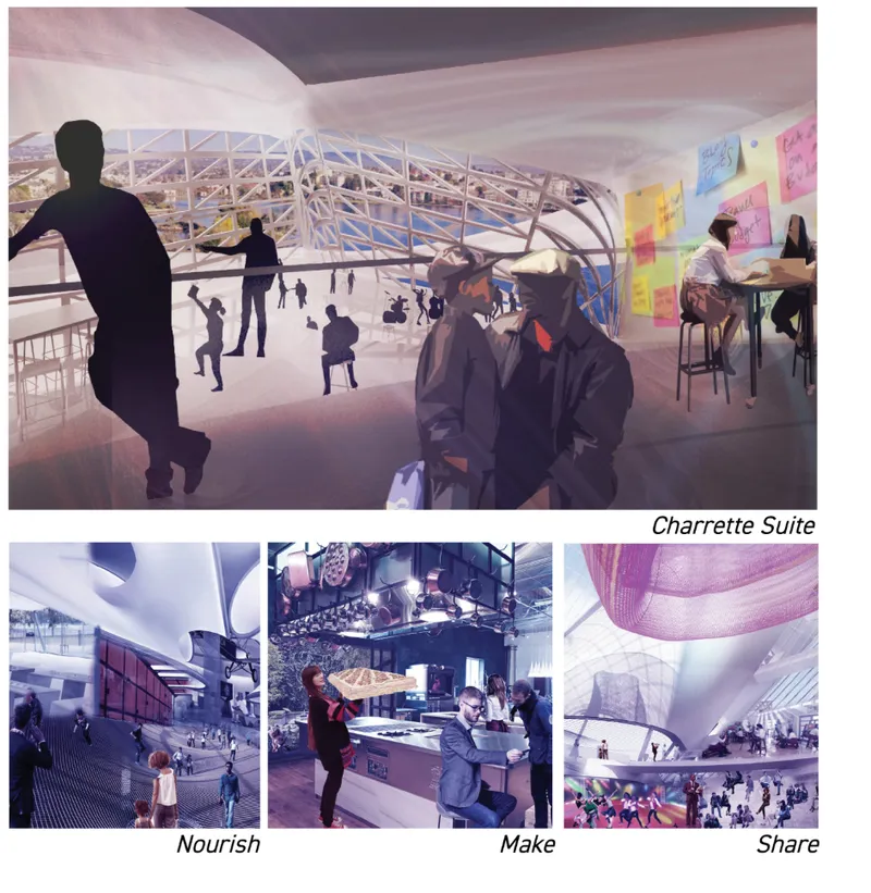 Interior renderings showing occupied spaces with structural trusses visible through glazed openings