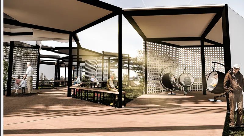 Open pavilion with black steel frames and perforated white screens beneath a backlit canopy