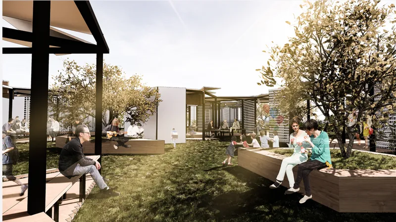 Courtyard lawn with timber benches beneath black frame pergolas and flowering trees in afternoon light