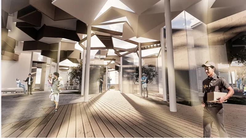 Interior rendering showing angular sculptural ceiling planes above a timber deck with people walking through sunlight