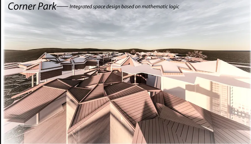 Aerial rendering of clustered angular roof forms with ribbed timber cladding under an overcast sky
