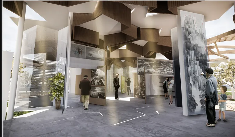 Interior gallery space with faceted timber ceiling panels and large photographic displays on standing walls